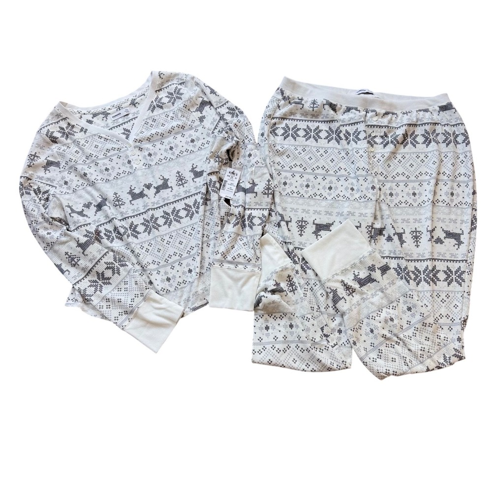 Sonoma Pajama Set Womens XXL White Grey NEW Fair Isle Reindeer Waffle Henley